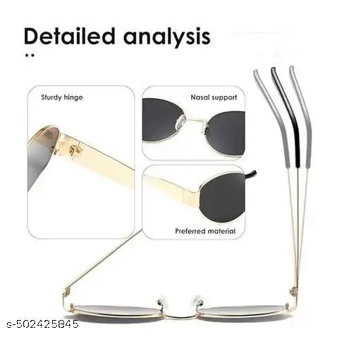 Unique Oval Style Frame Side Golden Sunglasses for Women & Girls (Black Shades)