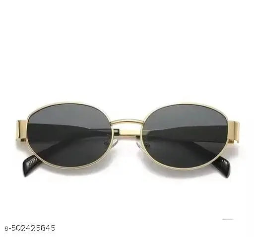 Unique Oval Style Frame Side Golden Sunglasses for Women & Girls (Black Shades)