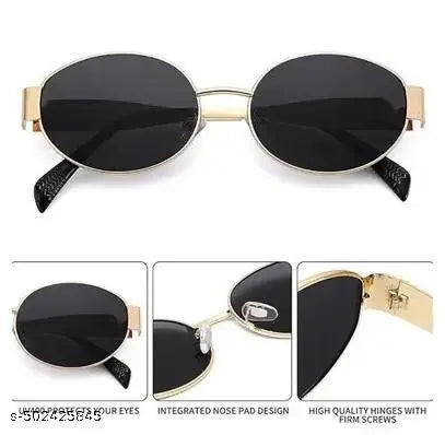 Unique Oval Style Frame Side Golden Sunglasses for Women & Girls (Black Shades)