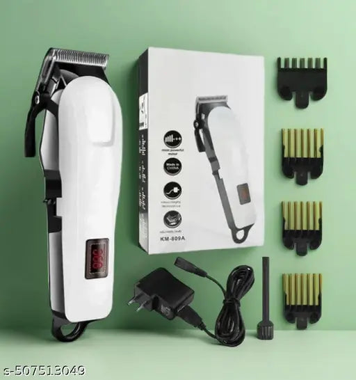 KM-809A Professional Hair Clipper – Corded Rechargeable Electric Trimmer (White) Digital Display | Heavy-Duty Motor | Precision Hair Cutting Kit