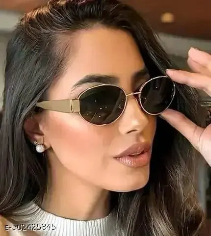 Unique Oval Style Frame Side Golden Sunglasses for Women & Girls (Black Shades)