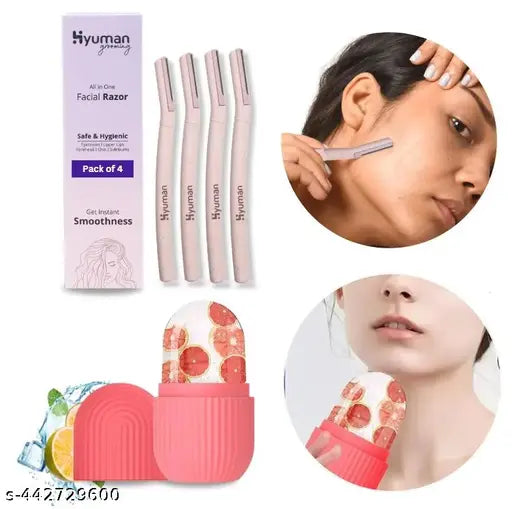 Hyuman® Ice roller for face + 4 facial razors for women, face massager & facial hair remover razor