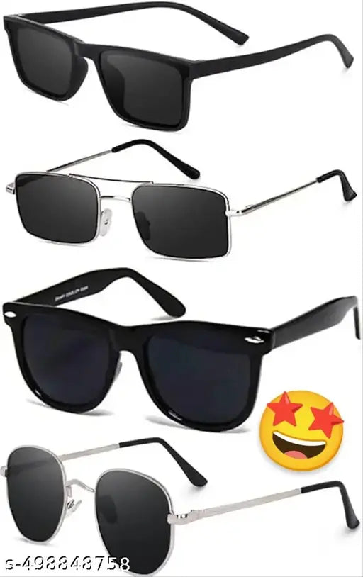 Unisex Rectangular Sunglasses with UV Protection – Black Plastic Frame | Pack of 4